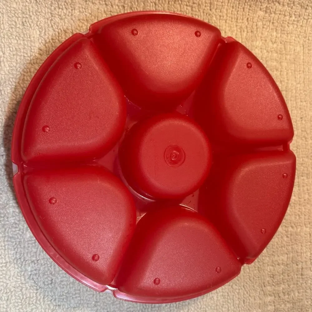Tupperware Serving Center Chip & Dip Divided Tray Set Veggie Snack Dip Sheer Red